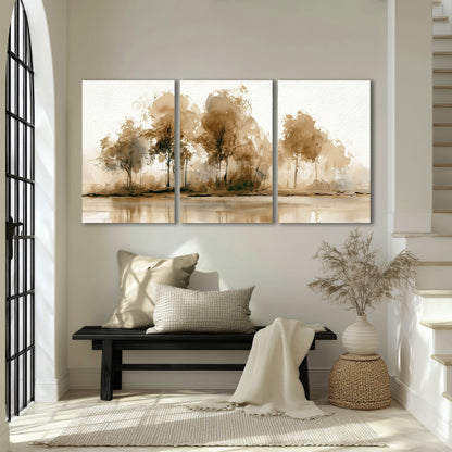 Sepia watercolor lakeside trees painting 3 piece canvas wall art in an entryway above a bench