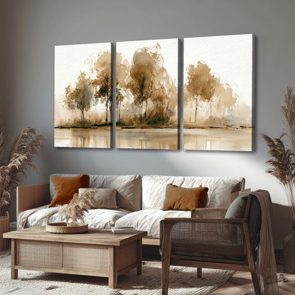 Sepia watercolor lakeside trees painting 3 piece canvas wall art in a rustic living room