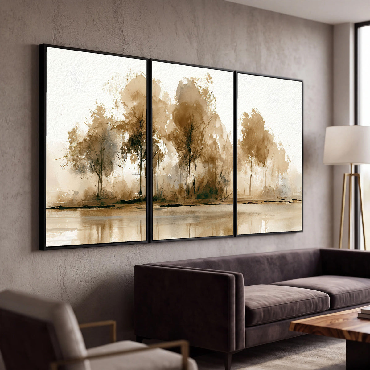 Sepia watercolor lakeside trees painting 3 piece canvas wall art in a modern living room