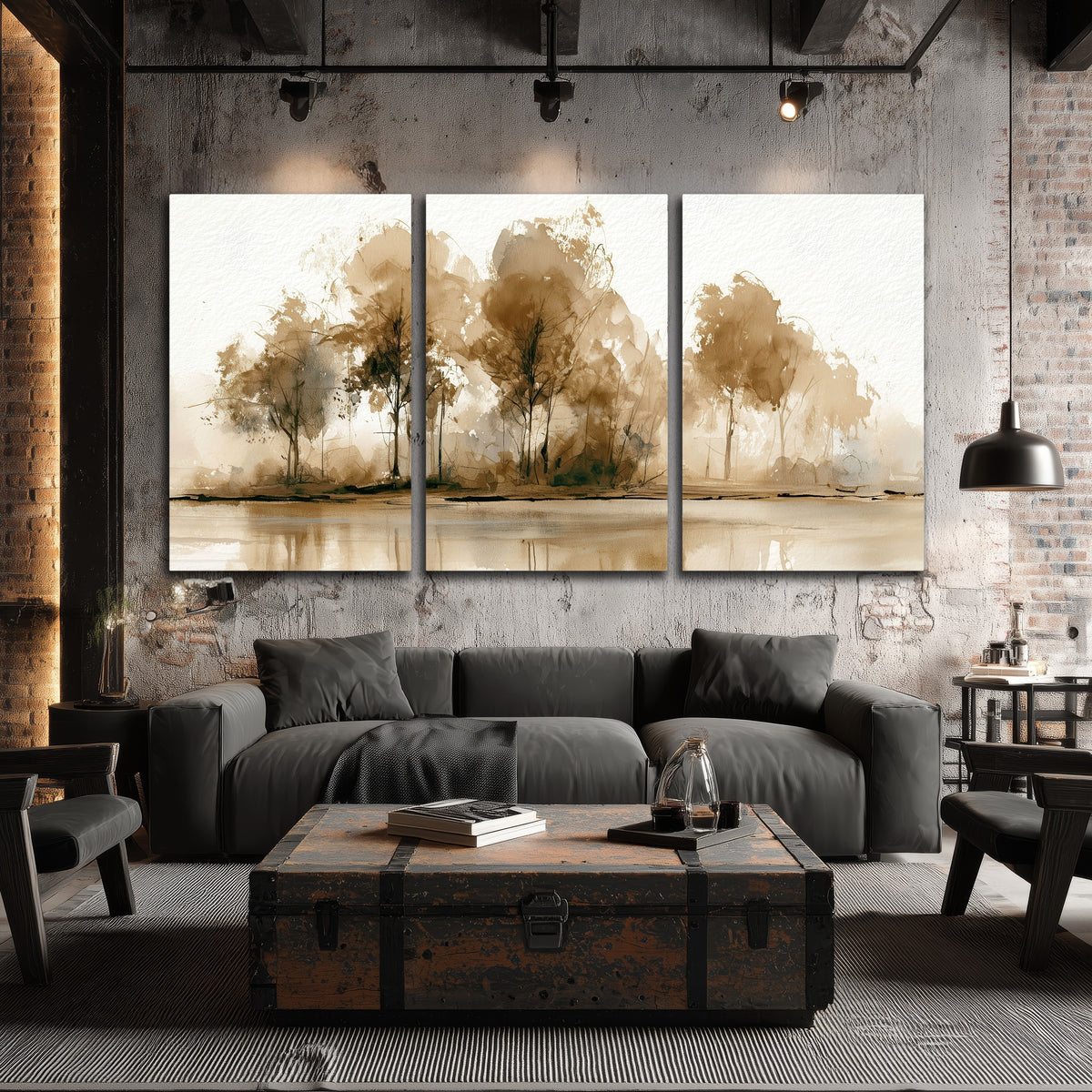 Sepia watercolor lakeside trees painting 3 piece canvas wall art in an industrial loft