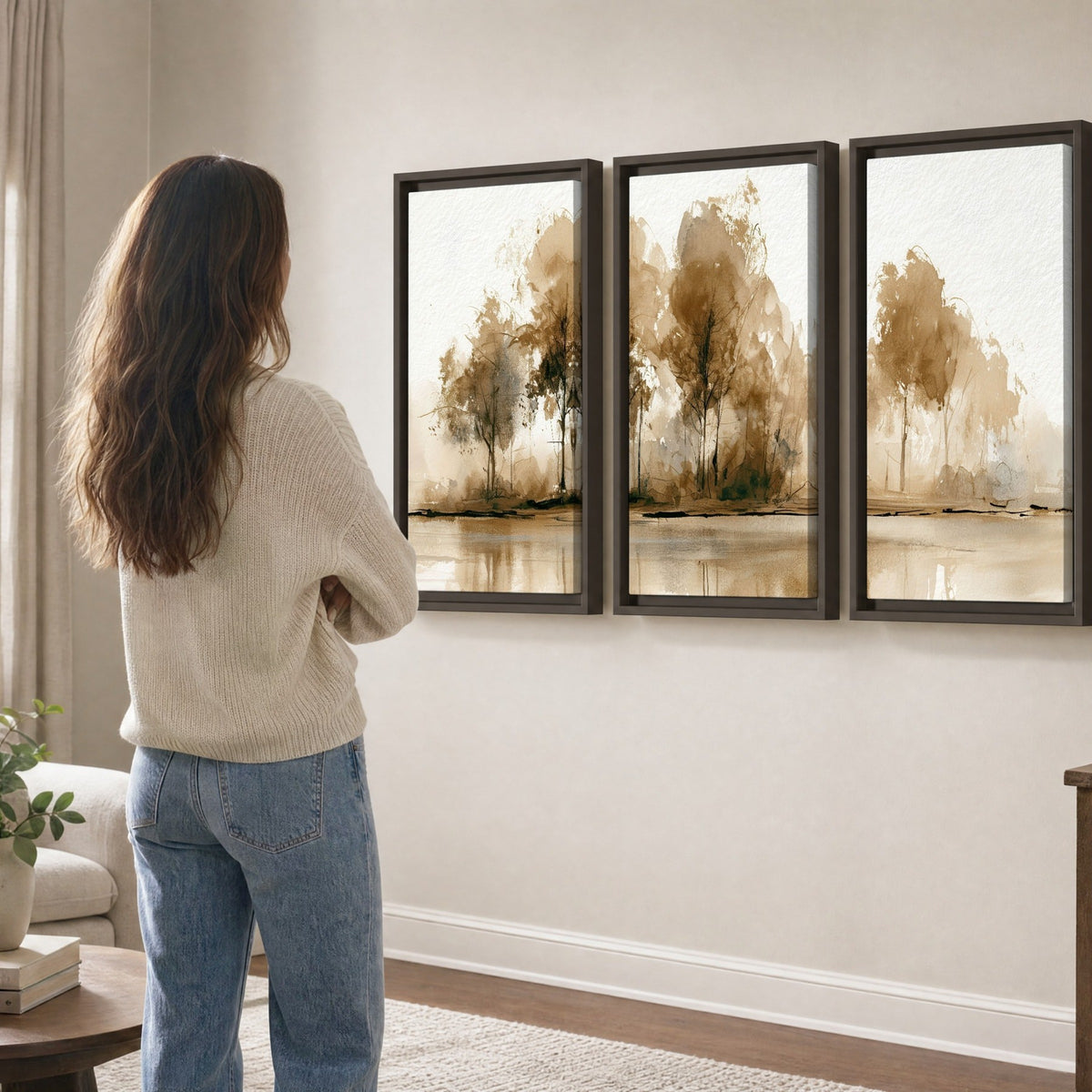 Sepia watercolor lakeside trees painting 3 piece framed canvas in a living room