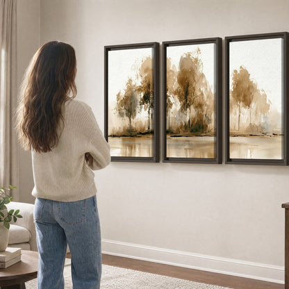 Sepia watercolor lakeside trees painting 3 piece framed canvas in a living room