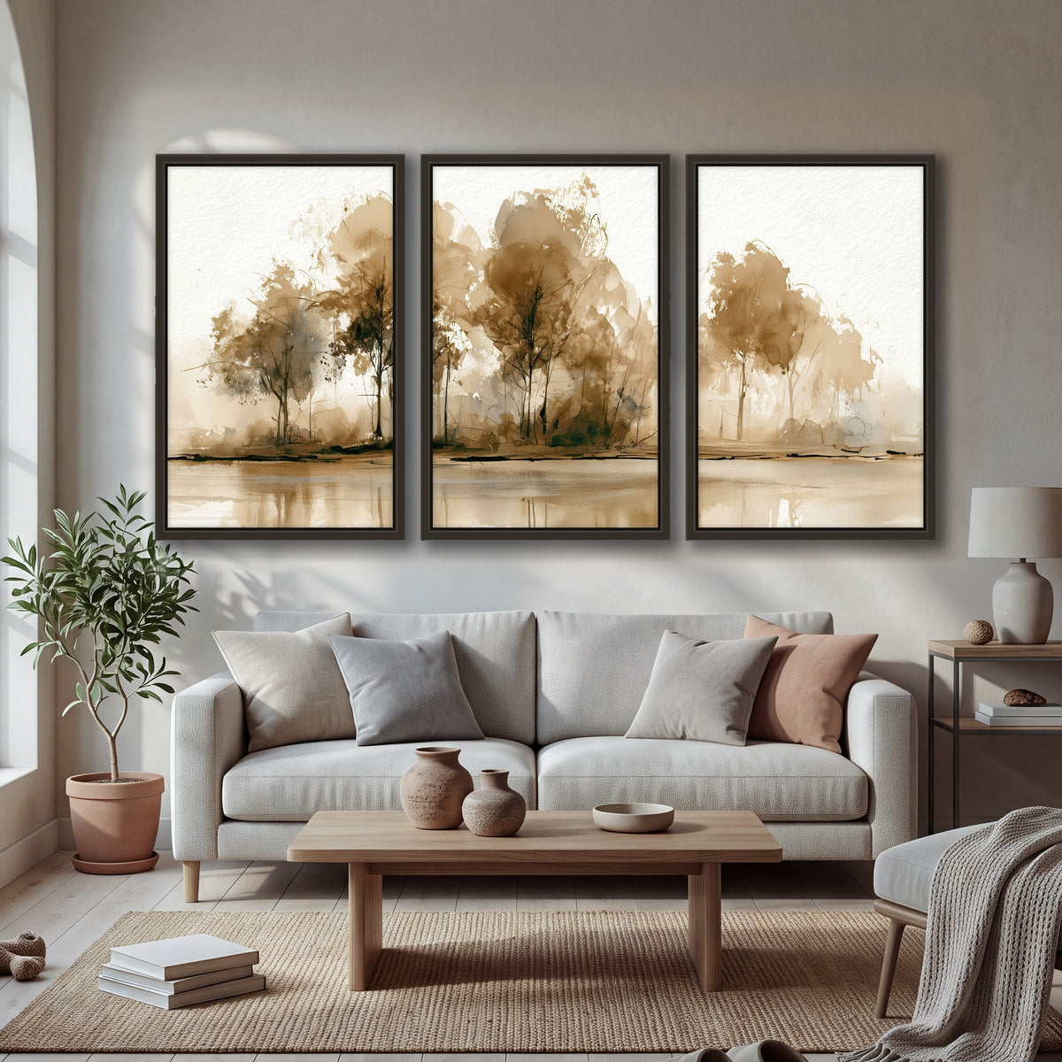 Sepia watercolor lakeside trees painting 3 piece framed canvas in a bright living room