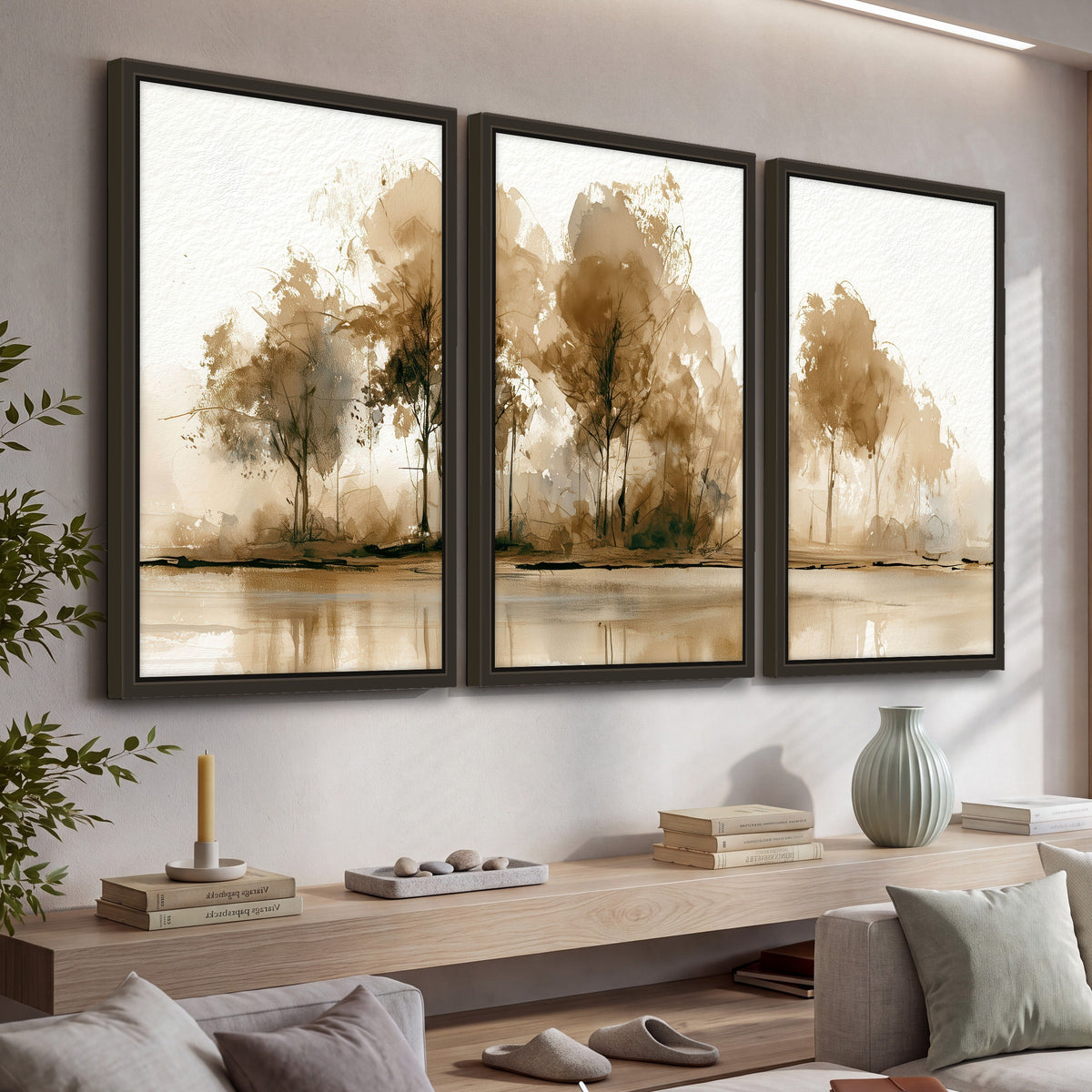 Sepia watercolor lakeside trees painting 3 piece framed canvas in a living room above a console