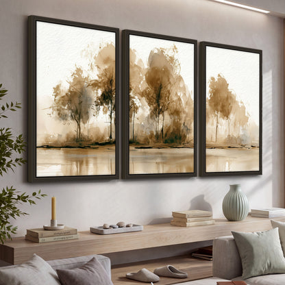 Sepia watercolor lakeside trees painting 3 piece framed canvas in a living room above a console
