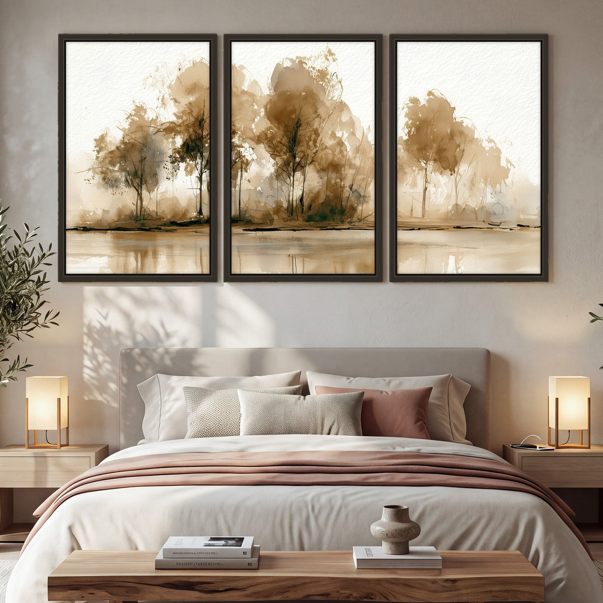 Sepia watercolor lakeside trees painting 3 piece framed canvas in a bedroom above the bed