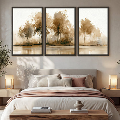 Sepia watercolor lakeside trees painting 3 piece framed canvas in a bedroom above the bed