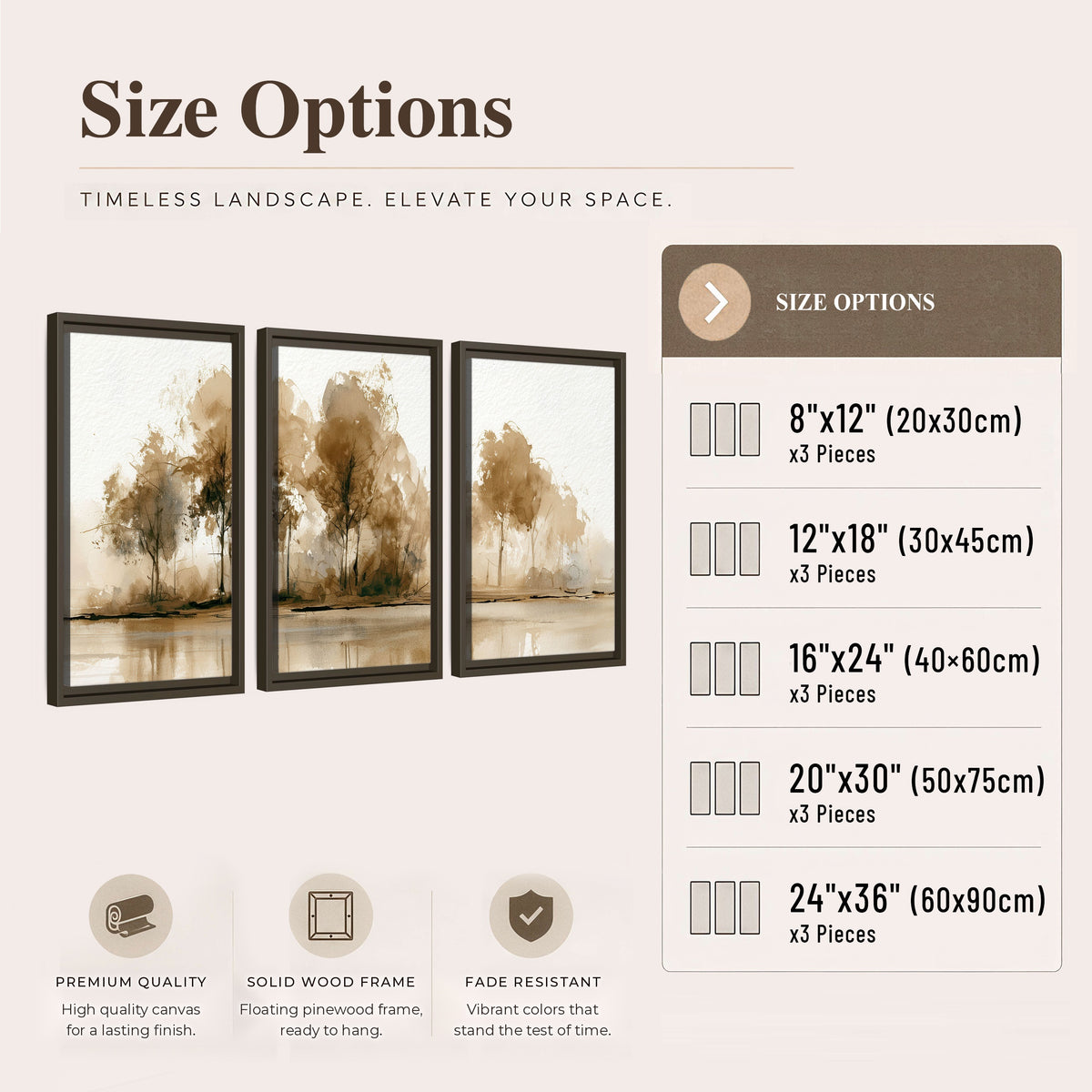 Sepia watercolor lakeside trees painting 3 piece framed canvas size options