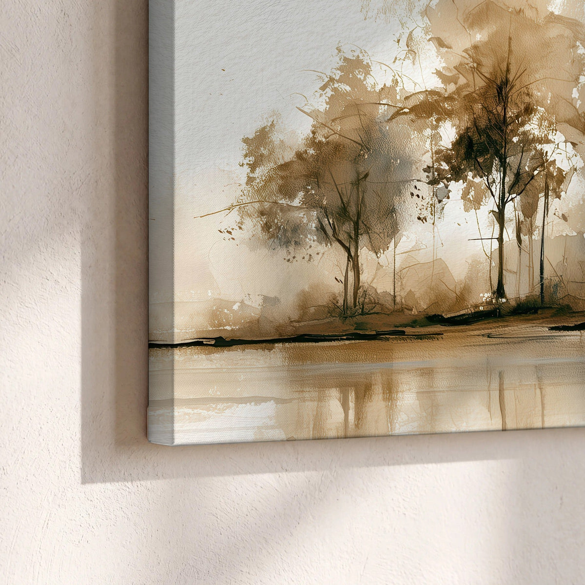 Sepia watercolor lakeside trees painting canvas print close-up showing the gallery-wrapped edge