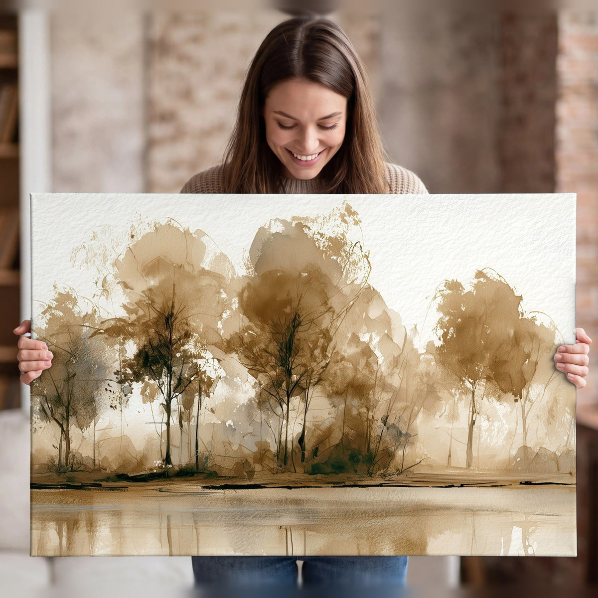 Sepia watercolor lakeside trees painting canvas wall art held in hands