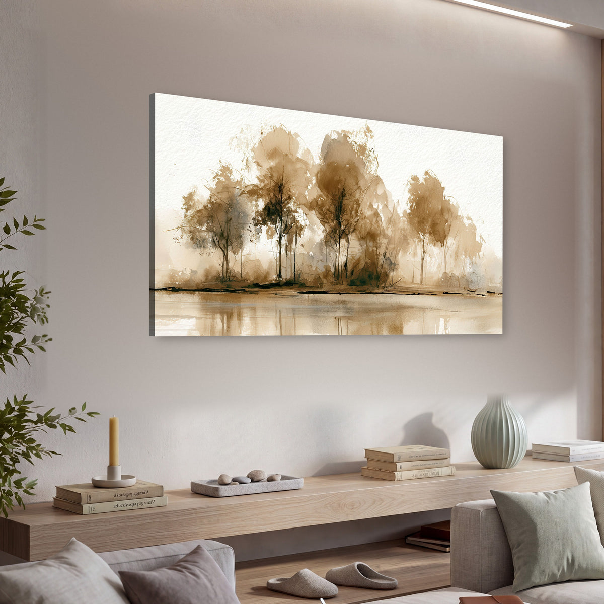 Sepia watercolor lakeside trees painting canvas wall art in a living room above a console