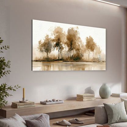 Sepia watercolor lakeside trees painting canvas wall art in a living room above a console