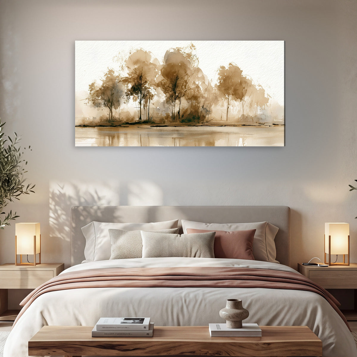 Sepia watercolor lakeside trees painting canvas wall art in a bedroom above the bed