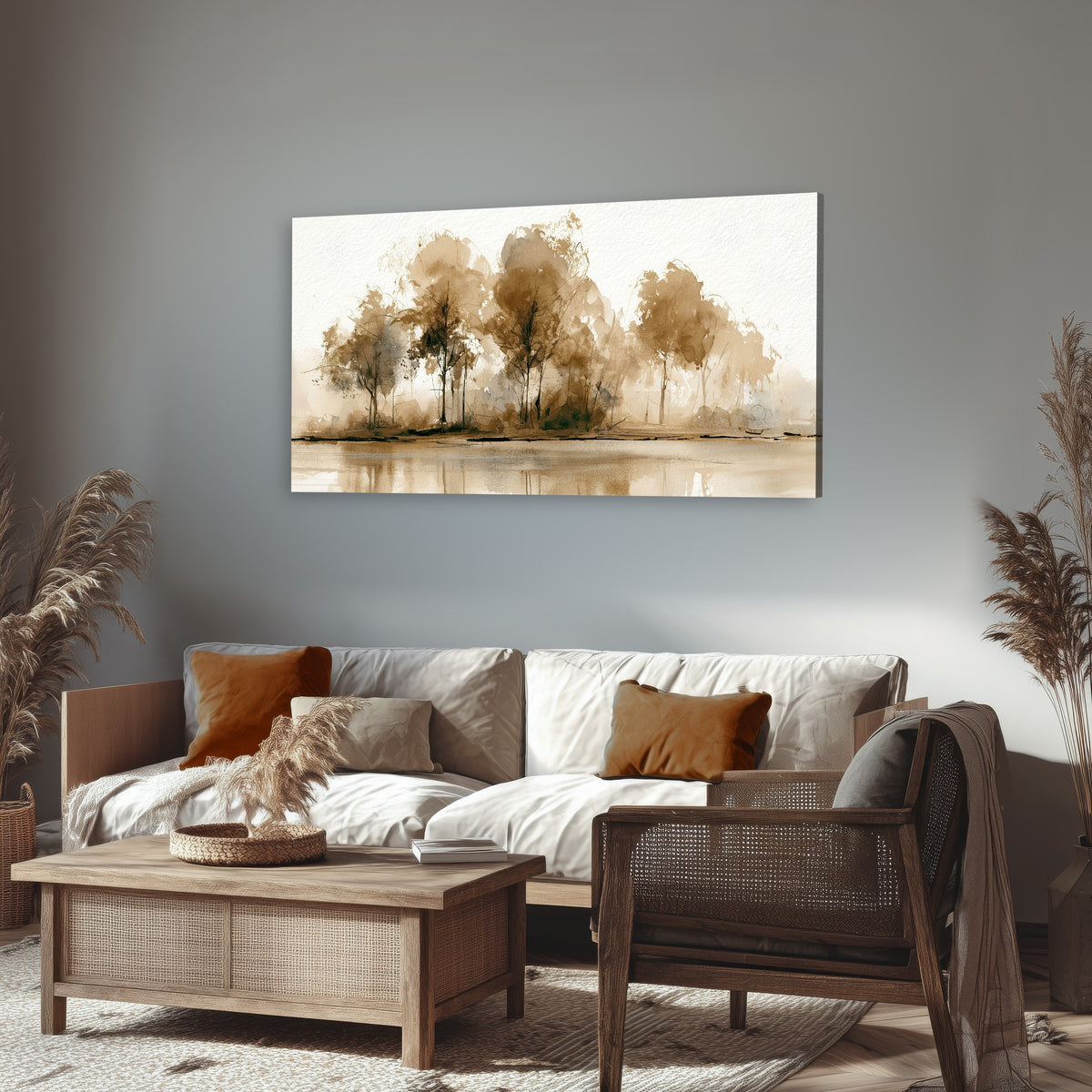Sepia watercolor lakeside trees painting canvas wall art in a rustic living room