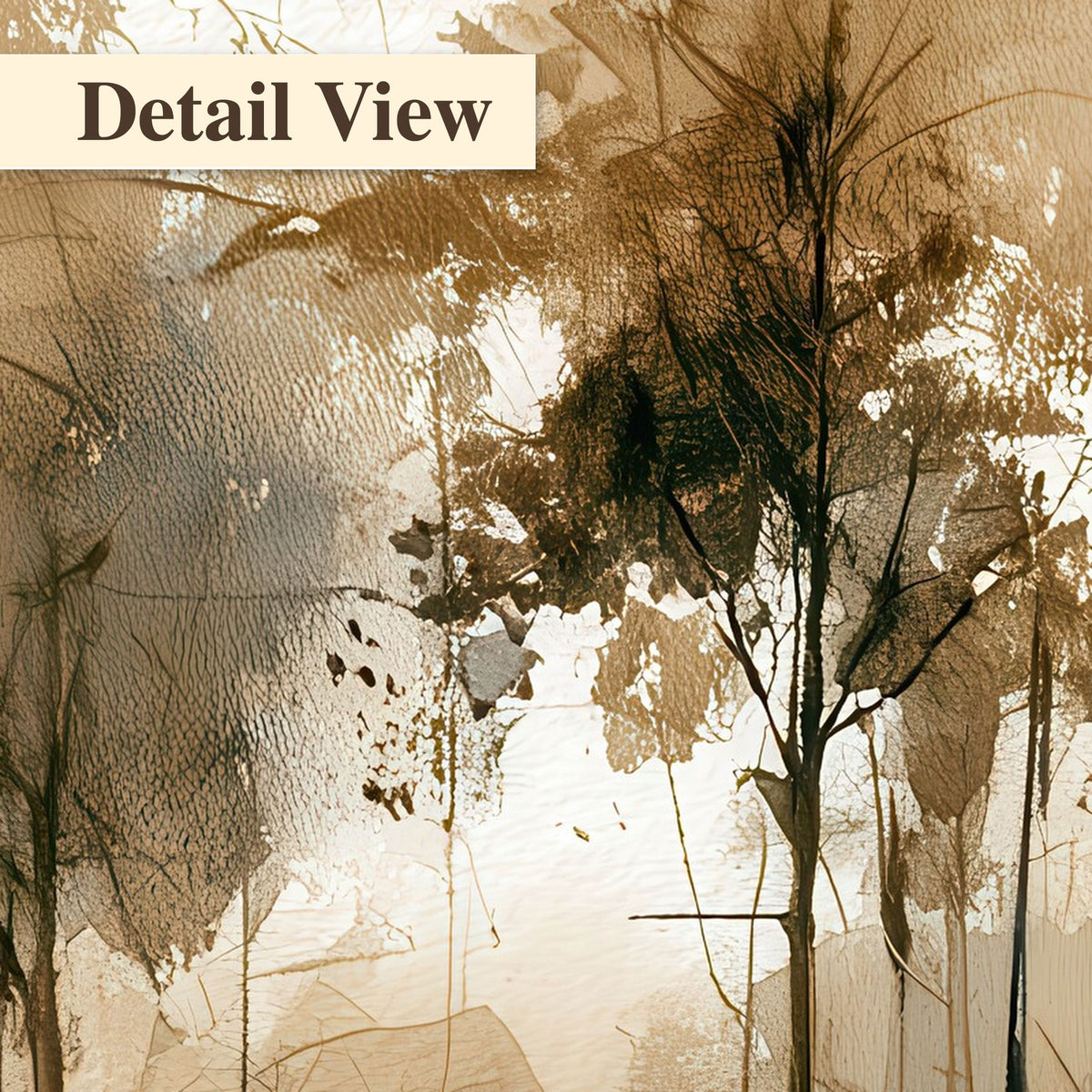Sepia watercolor lakeside trees painting detail close-up