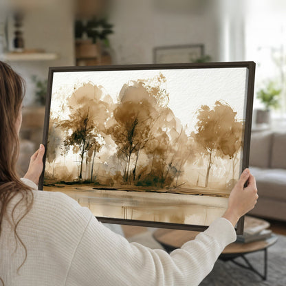 Sepia watercolor lakeside trees painting framed canvas held in hands
