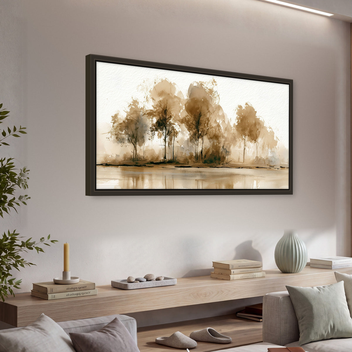 Sepia watercolor lakeside trees painting framed canvas wall art in a living room above a console