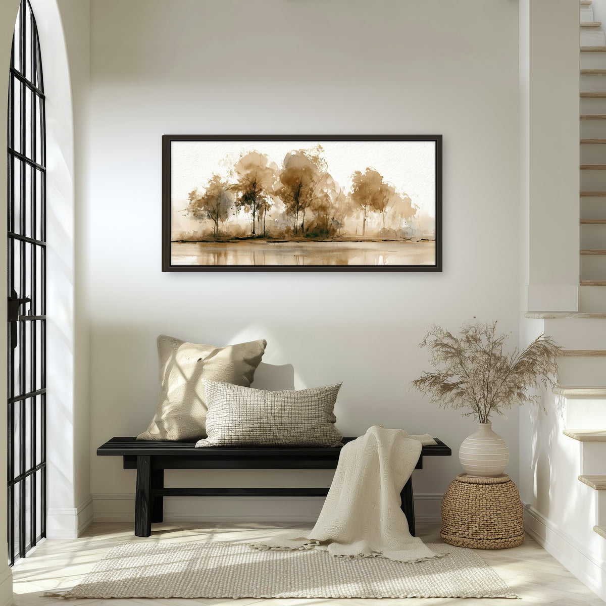 Sepia watercolor lakeside trees painting framed canvas wall art in an entryway above a bench