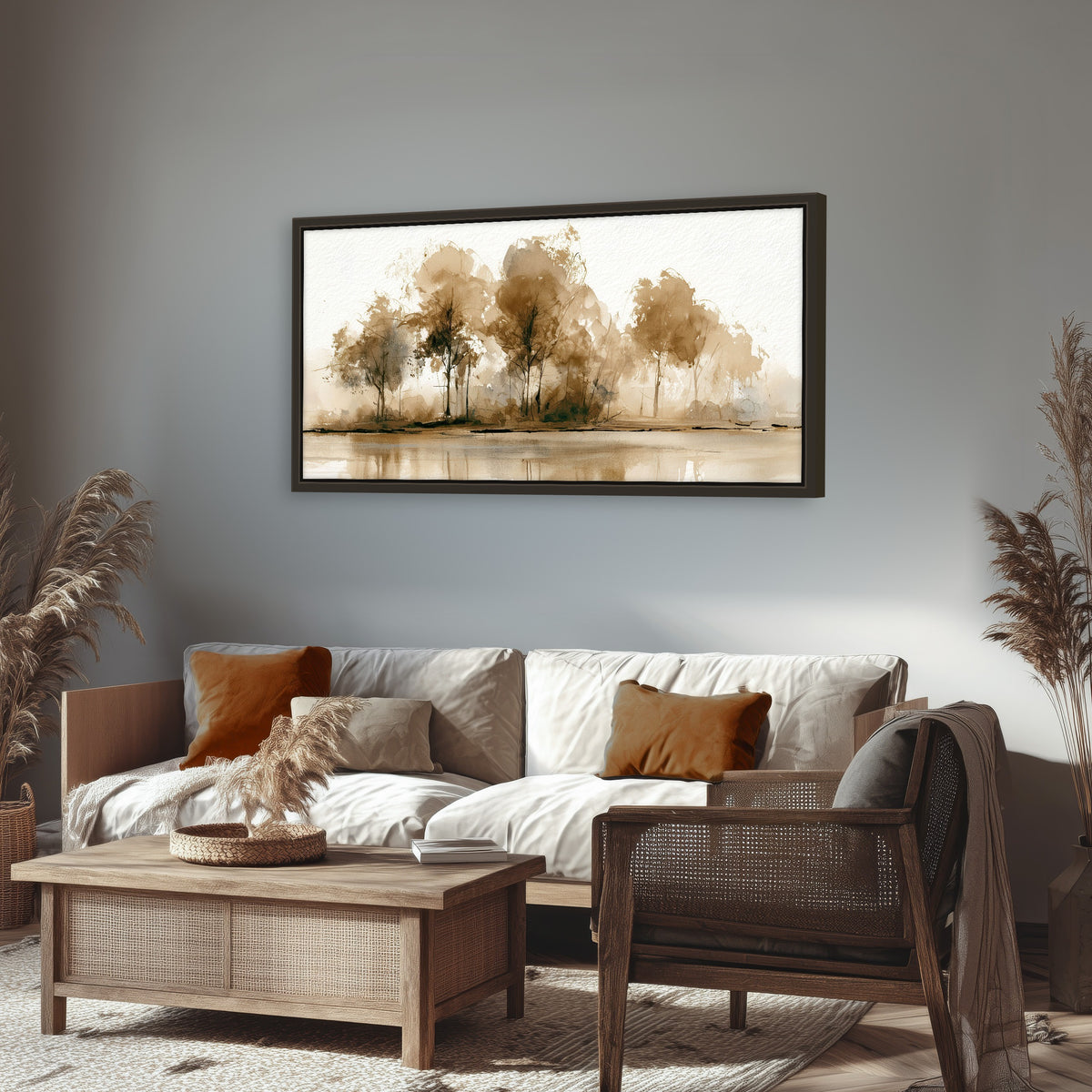 Sepia watercolor lakeside trees painting framed canvas wall art in a rustic living room