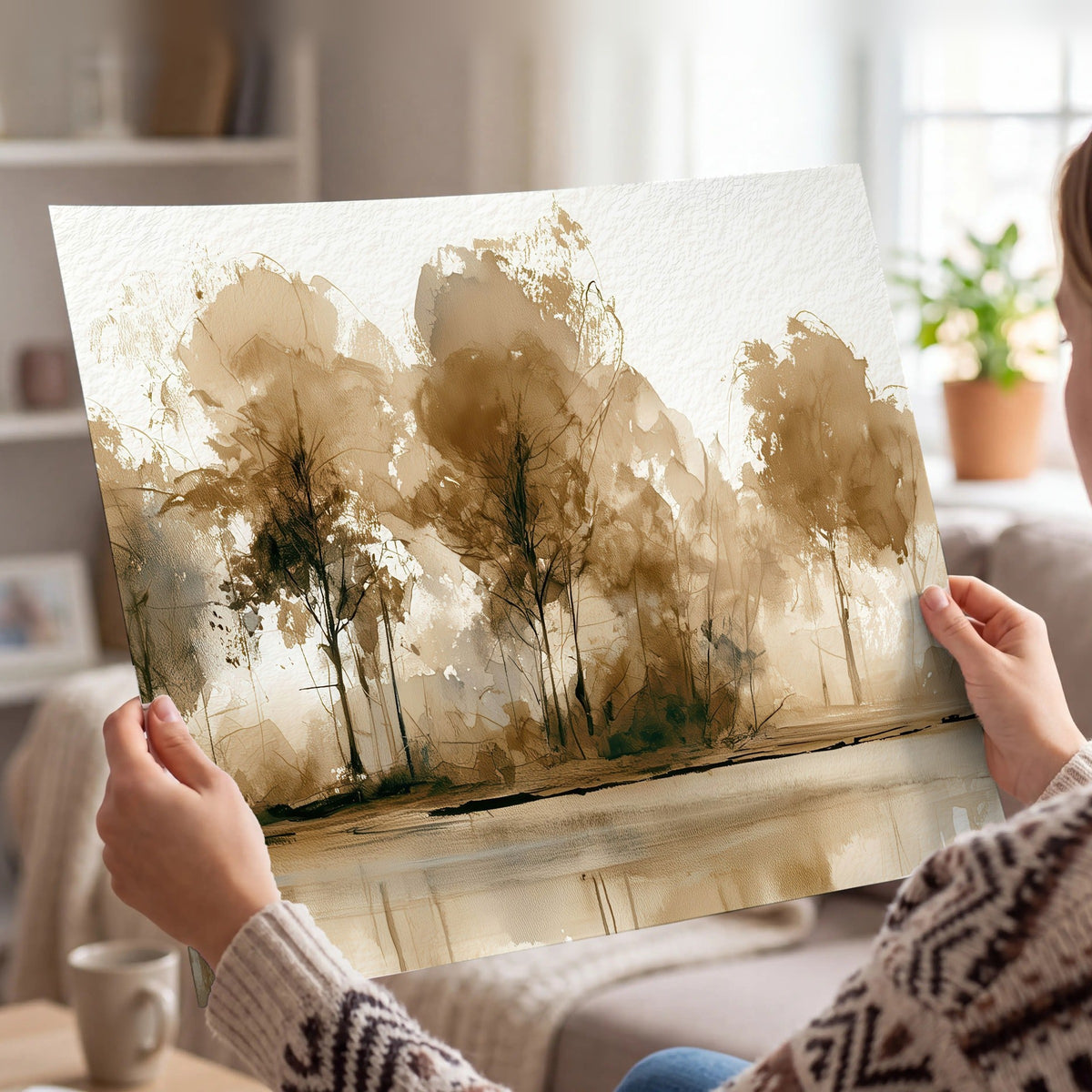 Sepia watercolor lakeside trees painting poster print held in hands