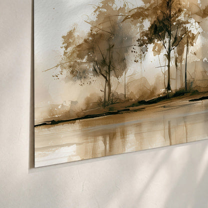 Sepia watercolor lakeside trees painting poster print close-up on matte paper