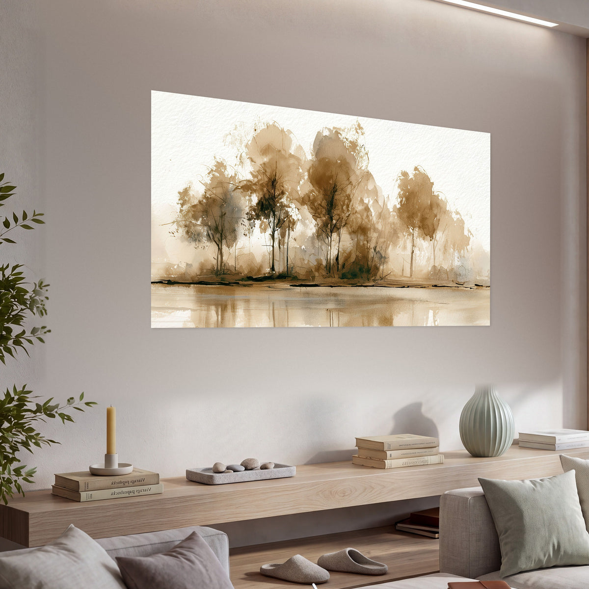 Sepia watercolor lakeside trees painting poster print in a living room above a console