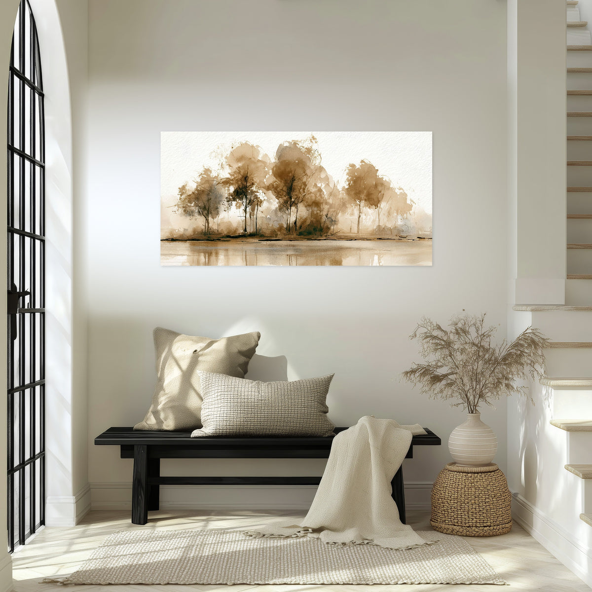 Sepia watercolor lakeside trees painting poster print in an entryway above a bench