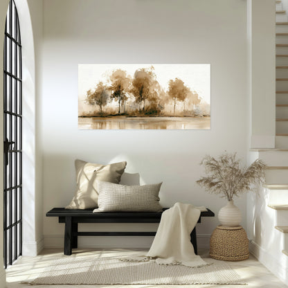 Sepia watercolor lakeside trees painting poster print in an entryway above a bench