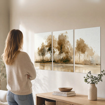 Sepia watercolor lakeside trees painting set of 3 poster prints in a living room