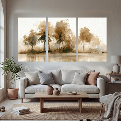 Sepia watercolor lakeside trees painting set of 3 poster prints in a bright living room