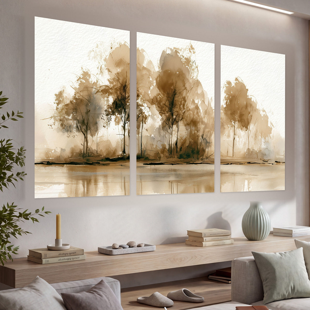 Sepia watercolor lakeside trees painting set of 3 poster prints in a living room above a console