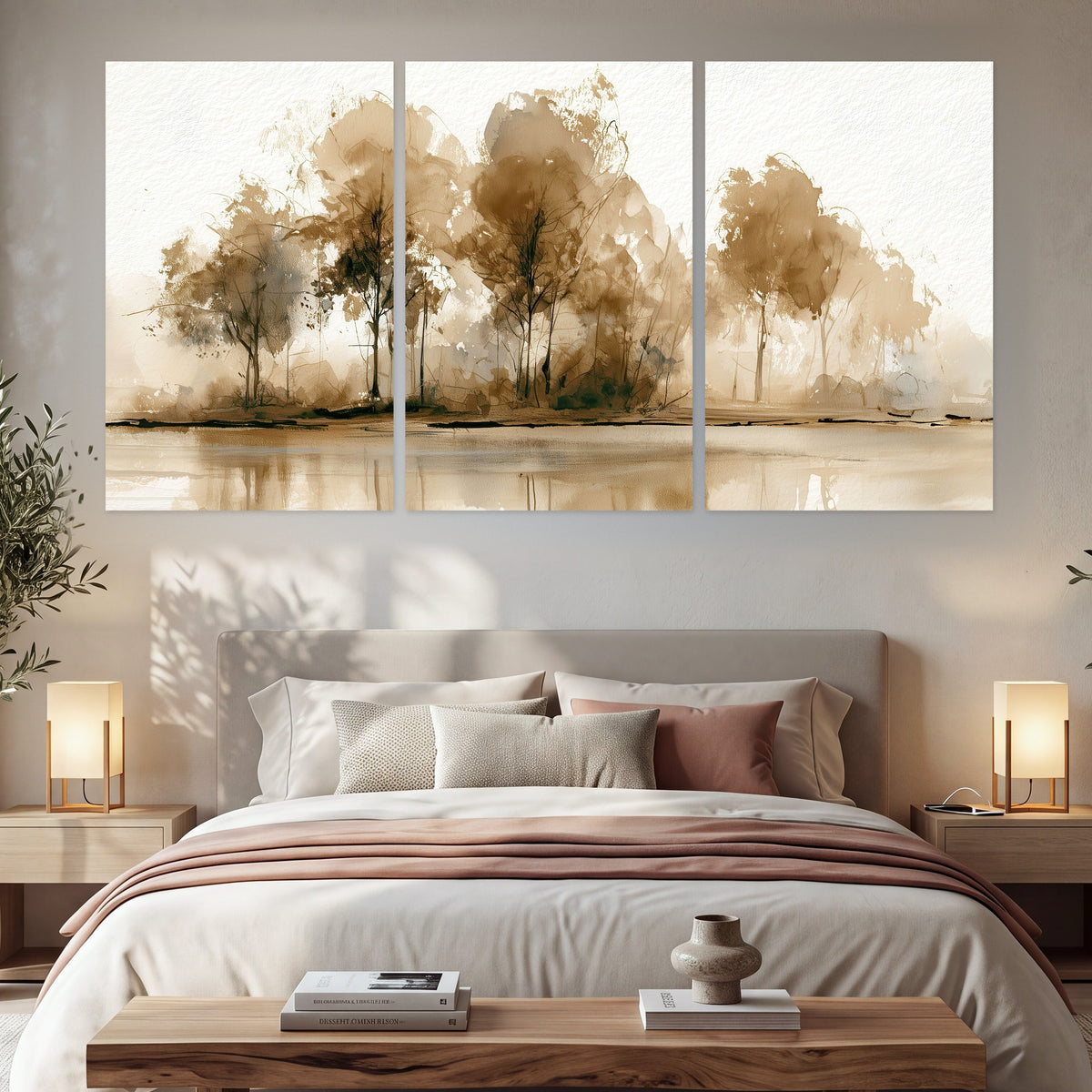 Sepia watercolor lakeside trees painting set of 3 poster prints in a bedroom above the bed