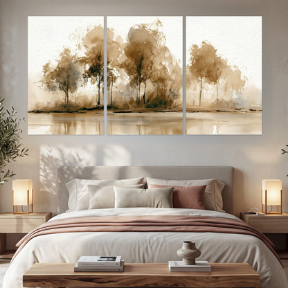 Sepia watercolor lakeside trees painting set of 3 poster prints in a bedroom above the bed