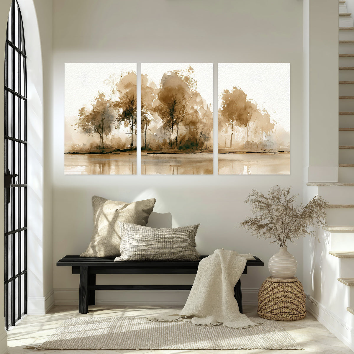 Sepia watercolor lakeside trees painting set of 3 poster prints in an entryway above a bench