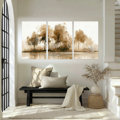 Sepia watercolor lakeside trees painting set of 3 poster prints in an entryway above a bench