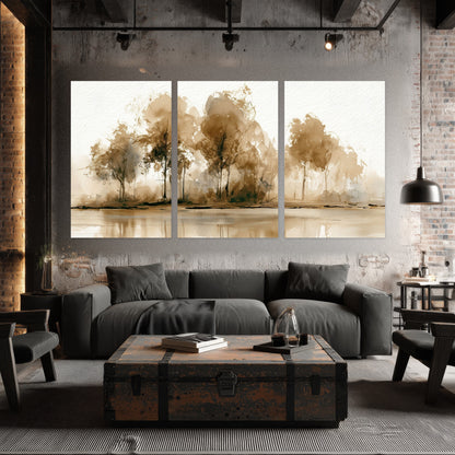 Sepia watercolor lakeside trees painting set of 3 poster prints in an industrial loft