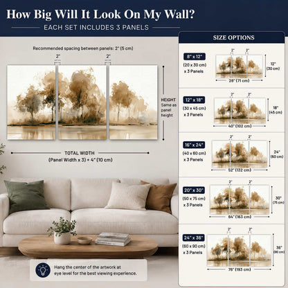 Sepia watercolor lakeside trees painting set of 3 poster prints size guide above a sofa