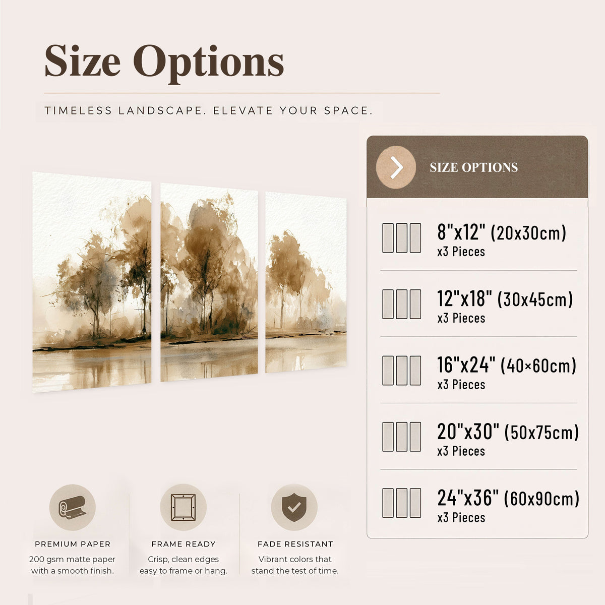 Sepia watercolor lakeside trees painting set of 3 poster prints size options