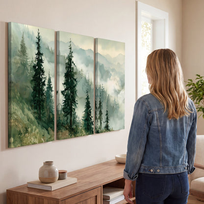 Misty mountain pines watercolor 3 piece canvas wall art in a living room