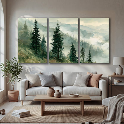 Misty mountain pines watercolor 3 piece canvas wall art in a bright living room