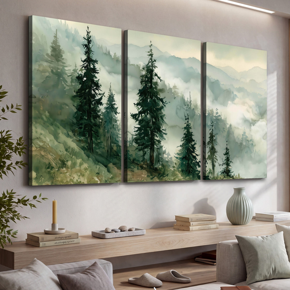 Misty mountain pines watercolor 3 piece canvas wall art in a living room above a console