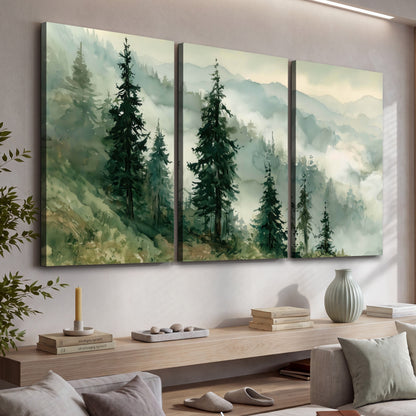 Misty mountain pines watercolor 3 piece canvas wall art in a living room above a console