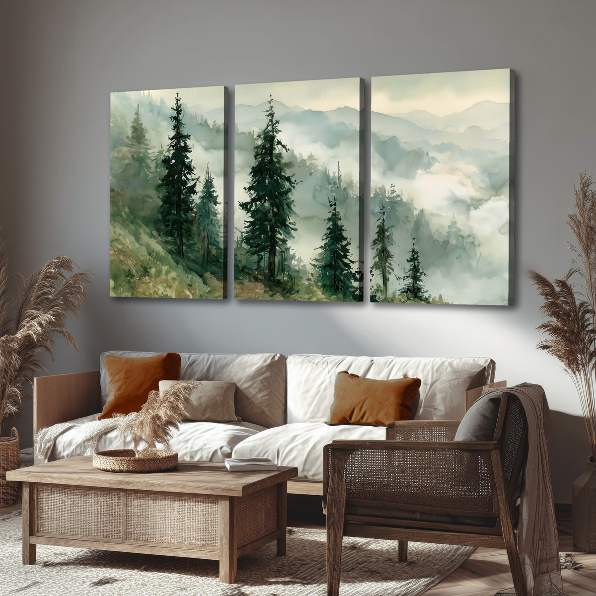 Misty mountain pines watercolor 3 piece canvas wall art in a rustic living room