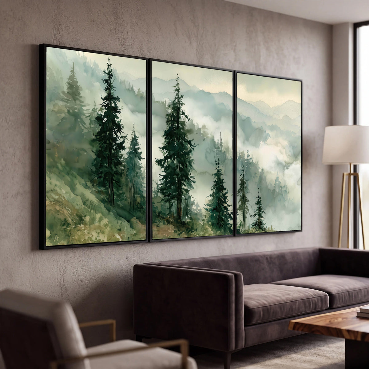 Misty mountain pines watercolor 3 piece canvas wall art in a modern living room