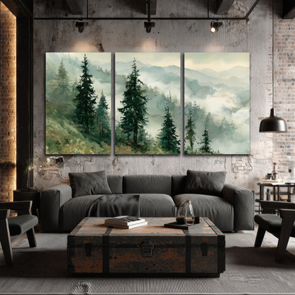Misty mountain pines watercolor 3 piece canvas wall art in an industrial loft