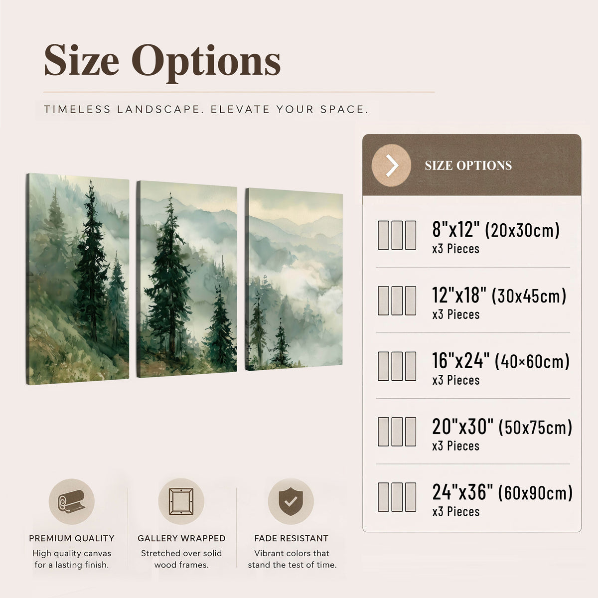 Misty mountain pines watercolor 3 piece canvas wall art size options