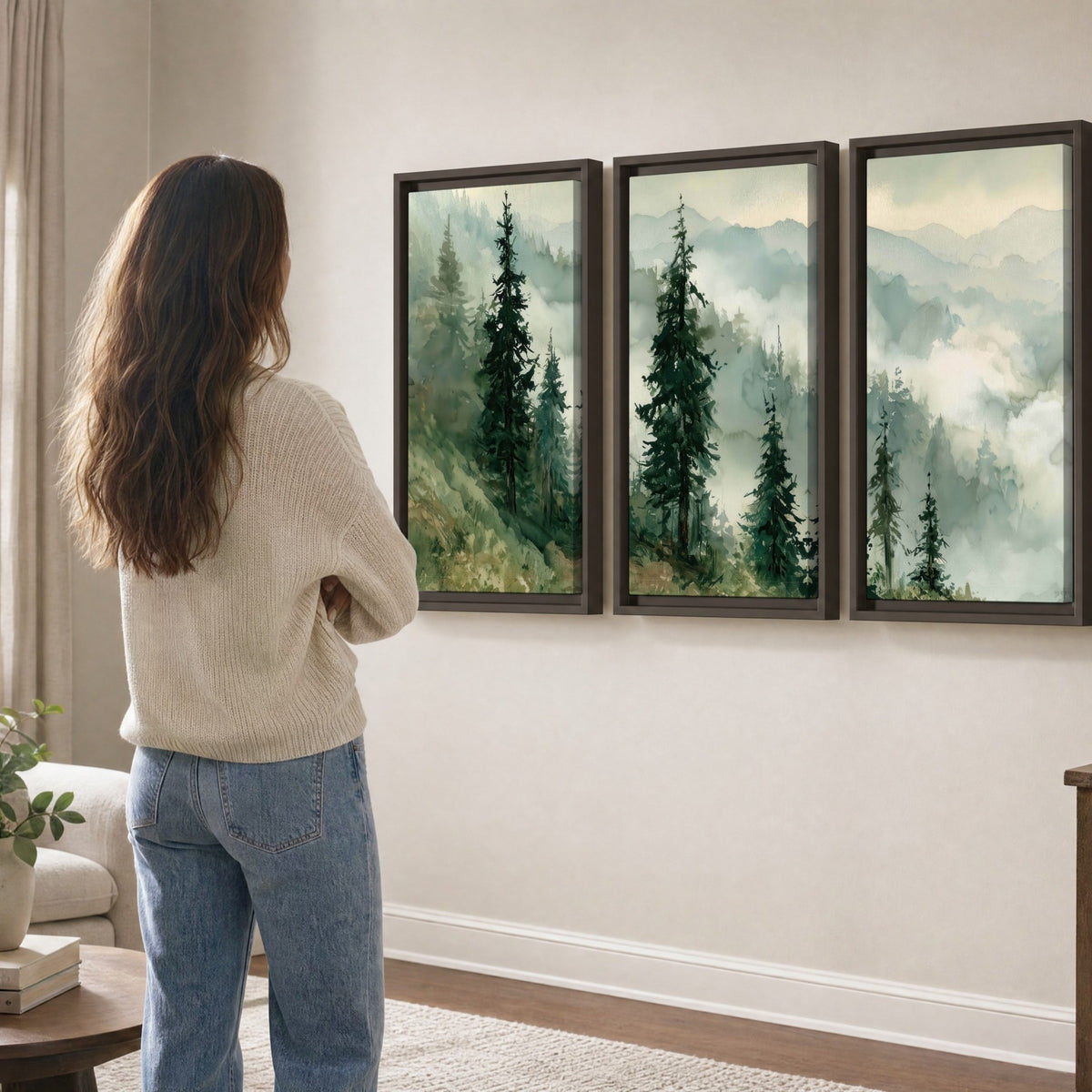 Misty mountain pines watercolor 3 piece framed canvas in a living room