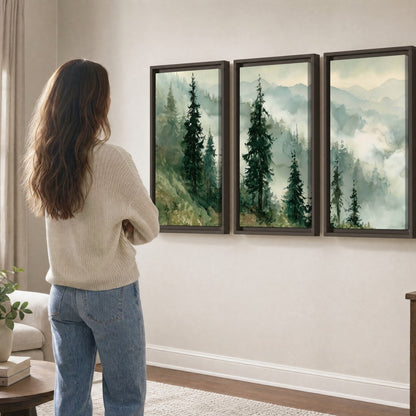 Misty mountain pines watercolor 3 piece framed canvas in a living room