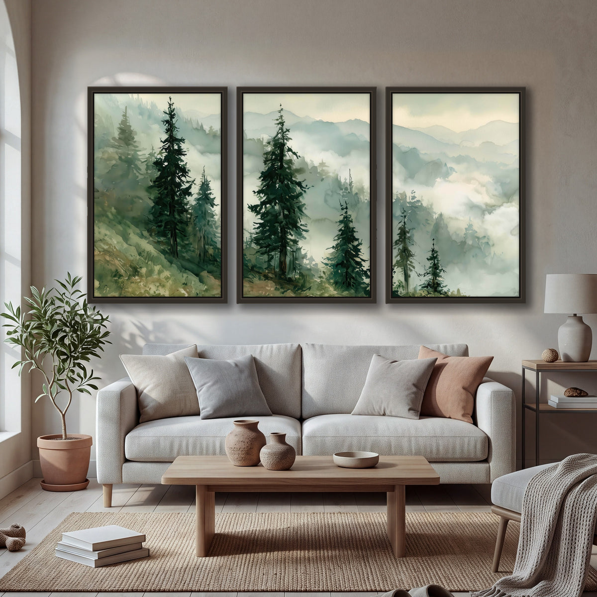 Misty mountain pines watercolor 3 piece framed canvas in a bright living room