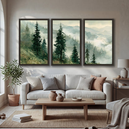 Misty mountain pines watercolor 3 piece framed canvas in a bright living room